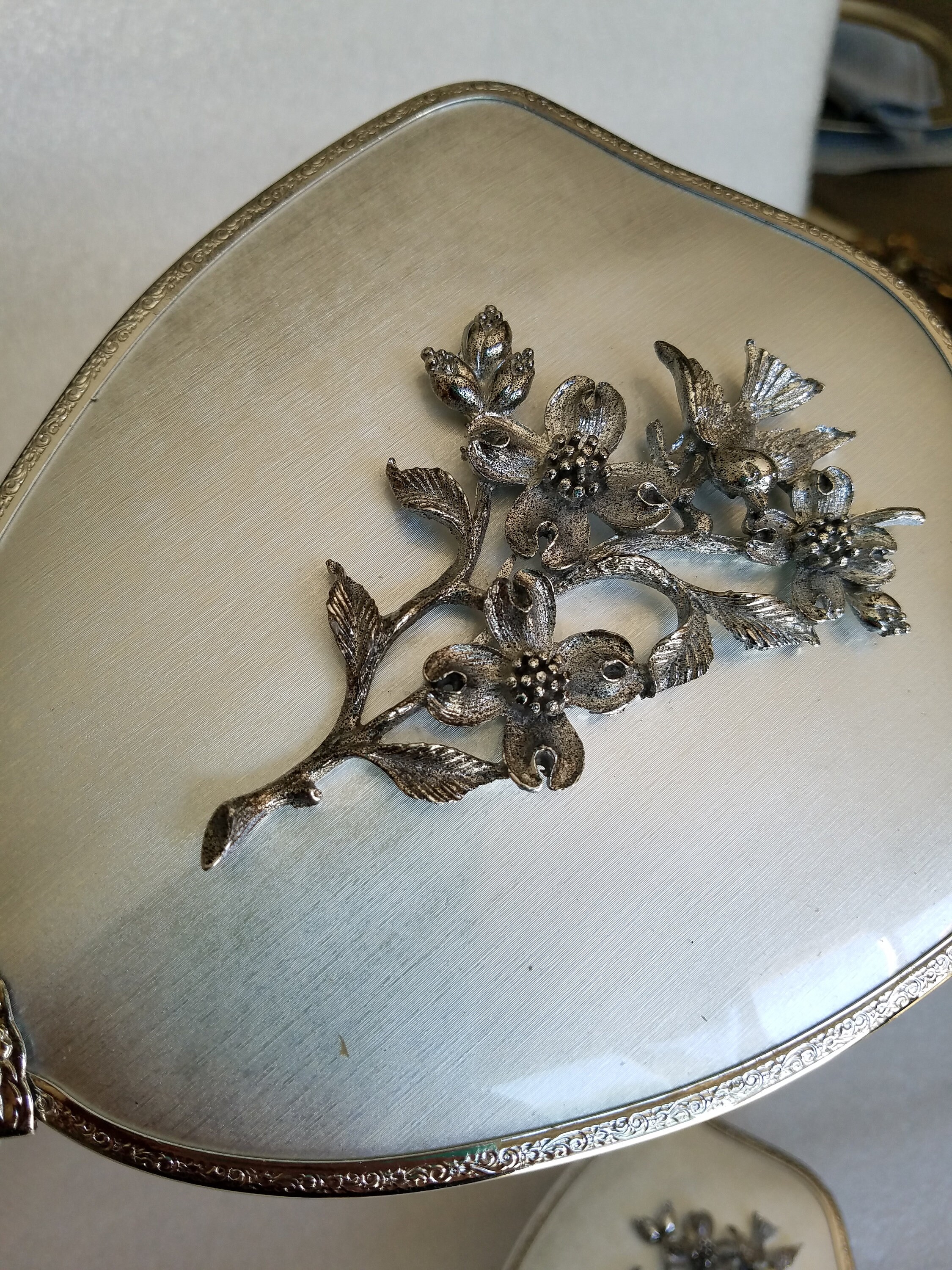 New But Vintage Matson Silver Vanity Set: Dogwood & Bird Hollywood
