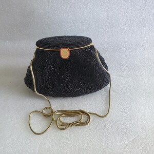 Vintage La Regale Beaded Sequin Clutch: Black Evening Bag with Gold Chain