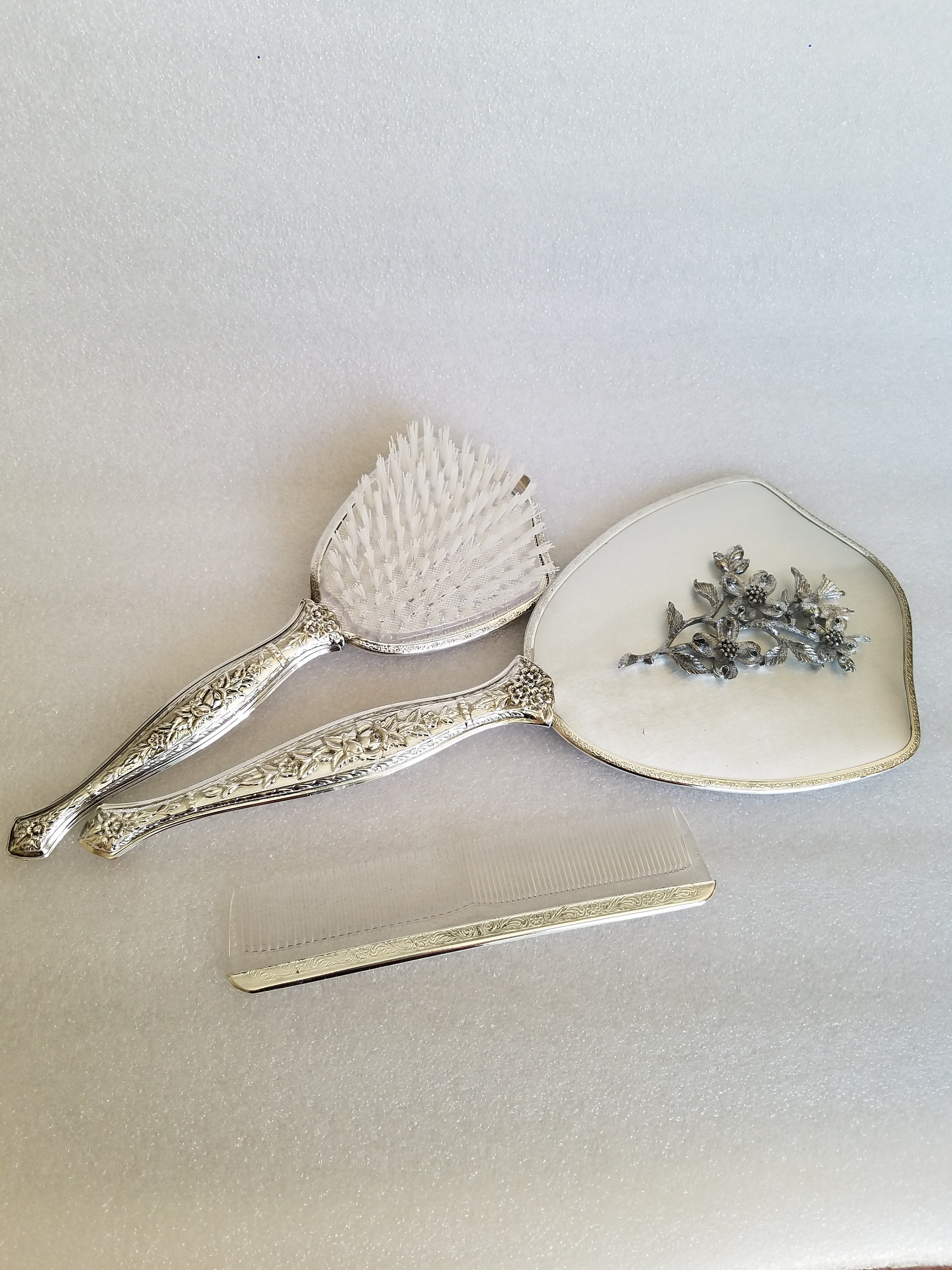 New But Vintage Matson Silver Vanity Set: Dogwood & Bird Hollywood