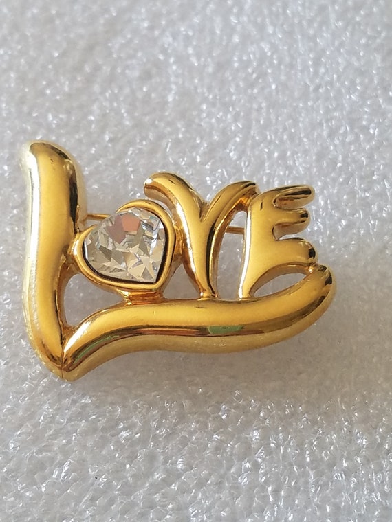 Vintage LOVE Brooch W/Faceted Clear Heart Stone Si