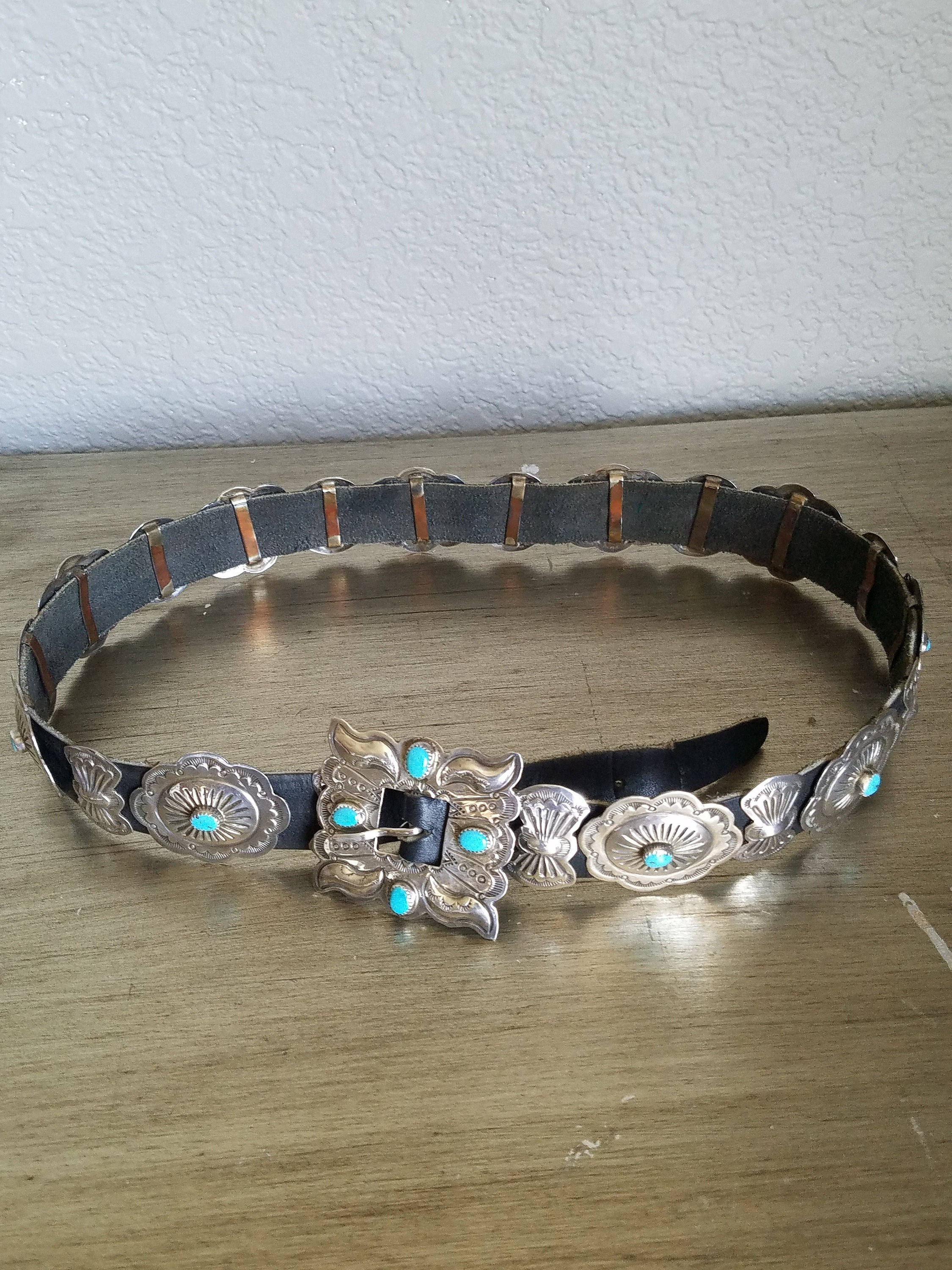 1940s Navajo Sterling Silver Stamped Concho Belt: Sleeping  display picture 2