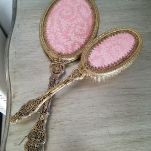 Repurposed 2-Piece Brush & Mirror Pink Backing Vanity Accessories From 1950&#39;s Hollywood Regency Bathroom Decor