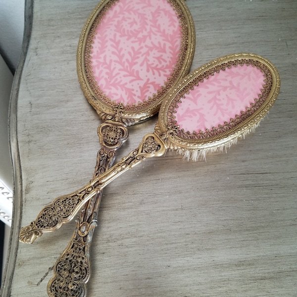 Repurposed 2-Piece Brush & Mirror Pink Backing Vanity Accessories From 1950's Hollywood Regency Bathroom Decor