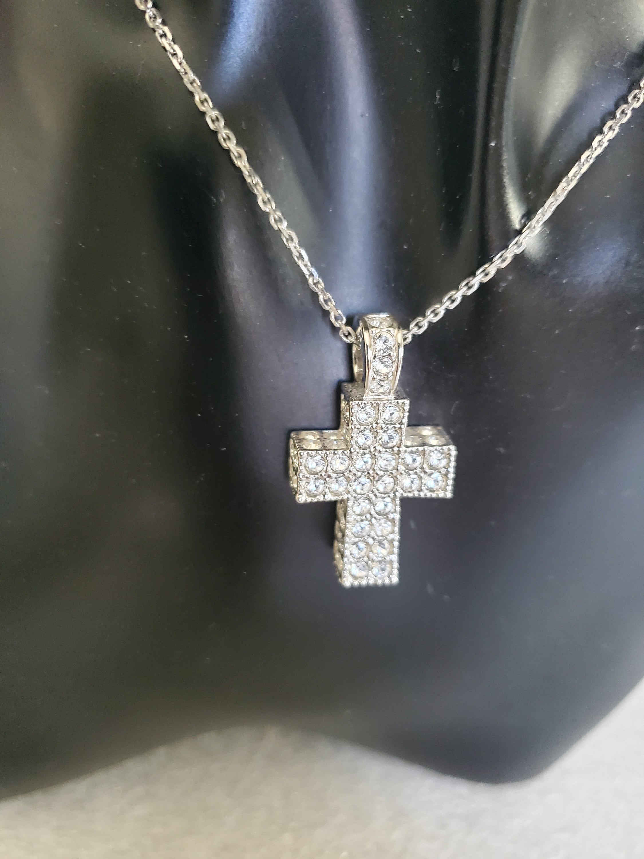 Vintage Swarovski Clear Crystals Thick & Wide Cross Pendant