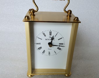 Vintage Gold Tone Montreux Carriage Brass Clock W/Black Roman Numerals Great Mantle Decor Battery Not Included