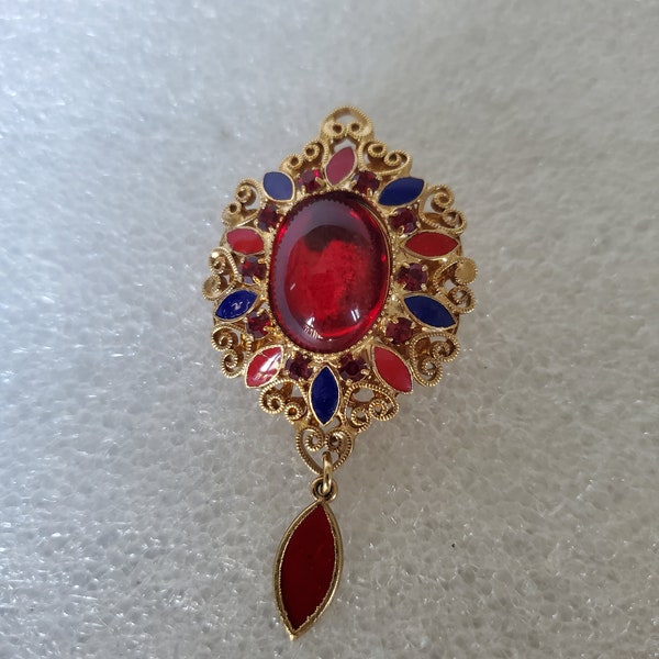 Vintage Red Cabochon & Blue N Red Enamel Brooch On Ornate Gold Heart Frame