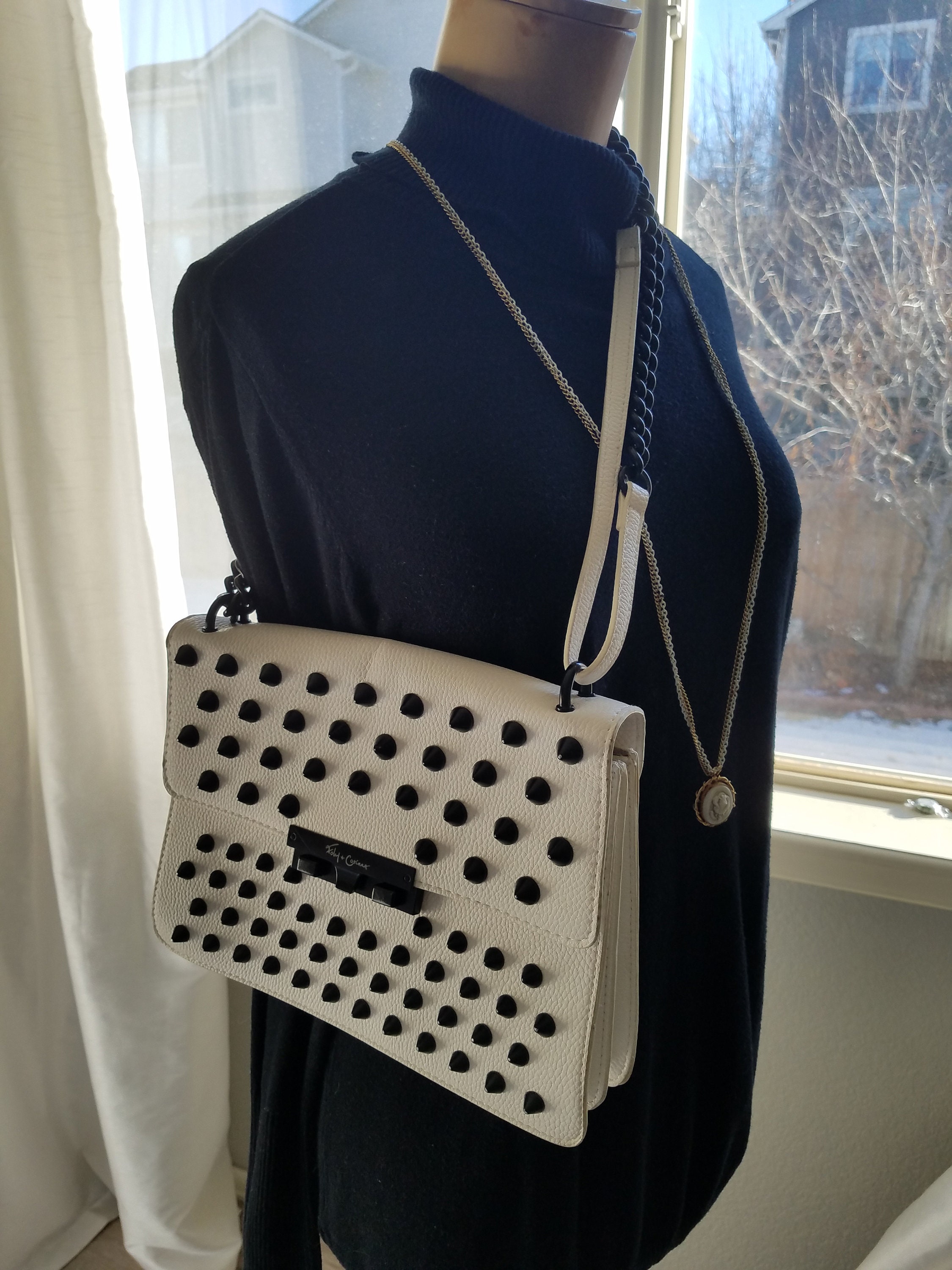 Vintage Foley Corinna Black Studded Spikes and White Pebble Faux Leather Black Chain Strap