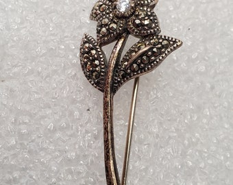 1940's Marcasite & Sterling Brooch In Flower Shaped For Mother's Day Gift