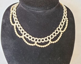 Vintage Victorian Style Faux Pearl Bib Necklace W/ Hook Clasp & Beaded Chain W/5 N 4mm Pearls