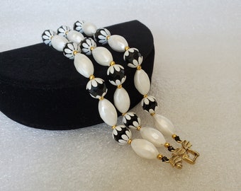 1960's "Deauville" Triple-Strand Beaded Black & White Bracelet Gift For Mom