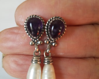 Vintage Designer Amethyst & Freshwater Pearl Dangle Earrings: Signed Sterling Silver