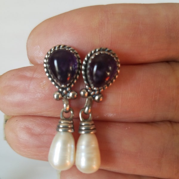 Pair Of Signed “Quoc-Q.T. 925” Dangle & Drop Amethyst And Freshwater Earrings