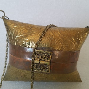 1930s Hammered Brass Pillow Purse: Mixed Metal Embossed Copper Accents, Purple Velvet Liner