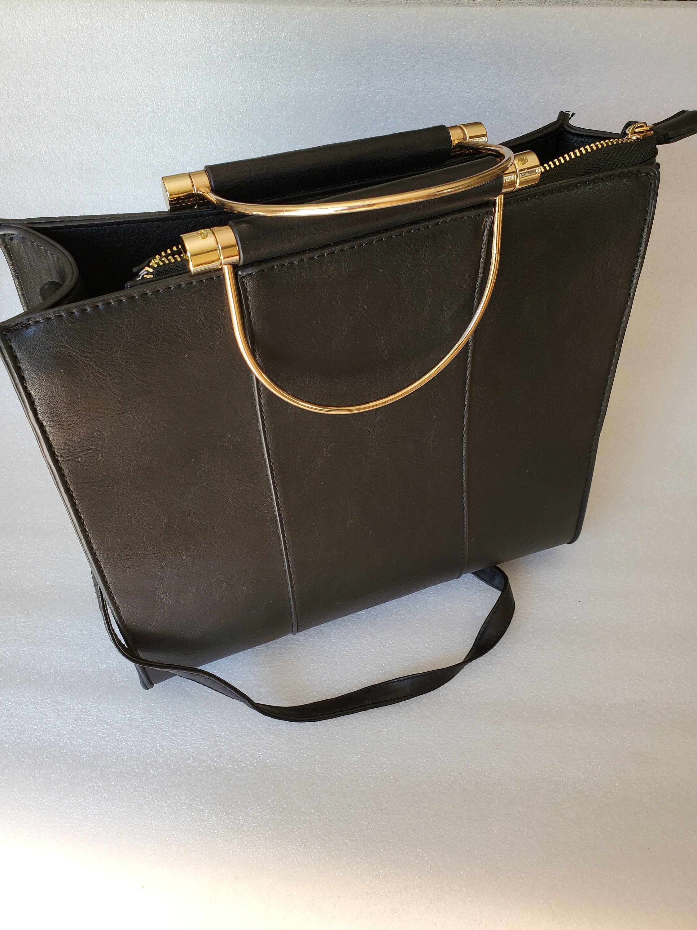 MIZTIQUE Black With Gold Metal Arm Handles Handbag With Long 
