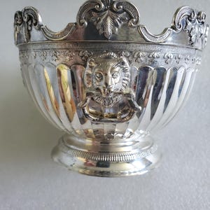 Vintage Lion Handles Silver Plated Bowl Made in Japan W/Ornate Floral Garlands Front Emblem For Hallmark Home Decor