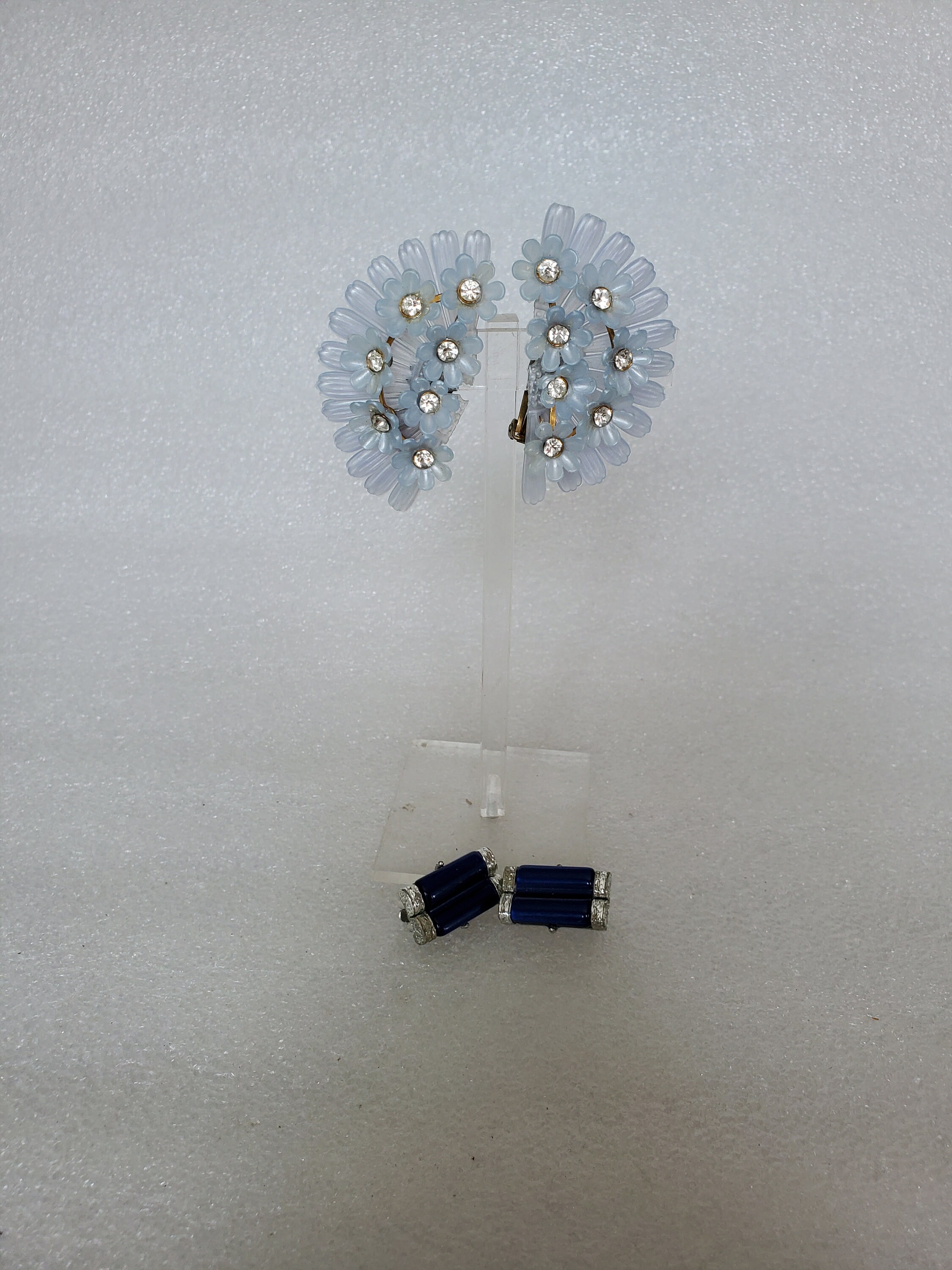 Vintage Coro Moonglow Earrings Blue Silver Tone Clip On 1950s Vintage Coro Blue Moonglow Clip on Earrings: 2 Pairs of  main image 2