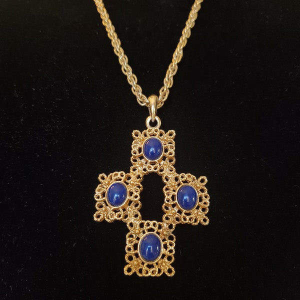 1970's Sarah Coventry Gold Tone Cross Pendant Necklace With 4 Blue Cabochons Oversize & Vintage