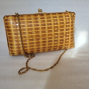 Vintage The Bazaar Inc. Straw Wicker Clutch With Long Chain Made in Hong Kong Clean Liner