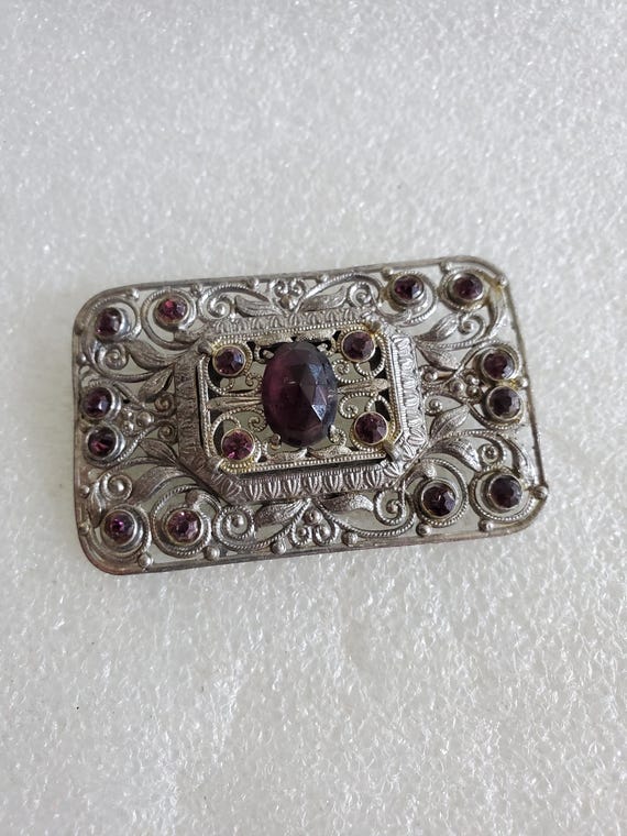 Vintage Silver Tone Rectangular Brooch W/Purple B… - image 2