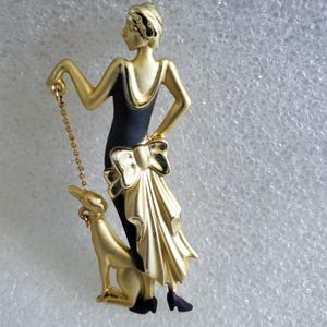 Vintage Art Deco Lady W/ Greyhound Dog Brooch Black Matted Enamel N Gold 1920&#39;s Flapper