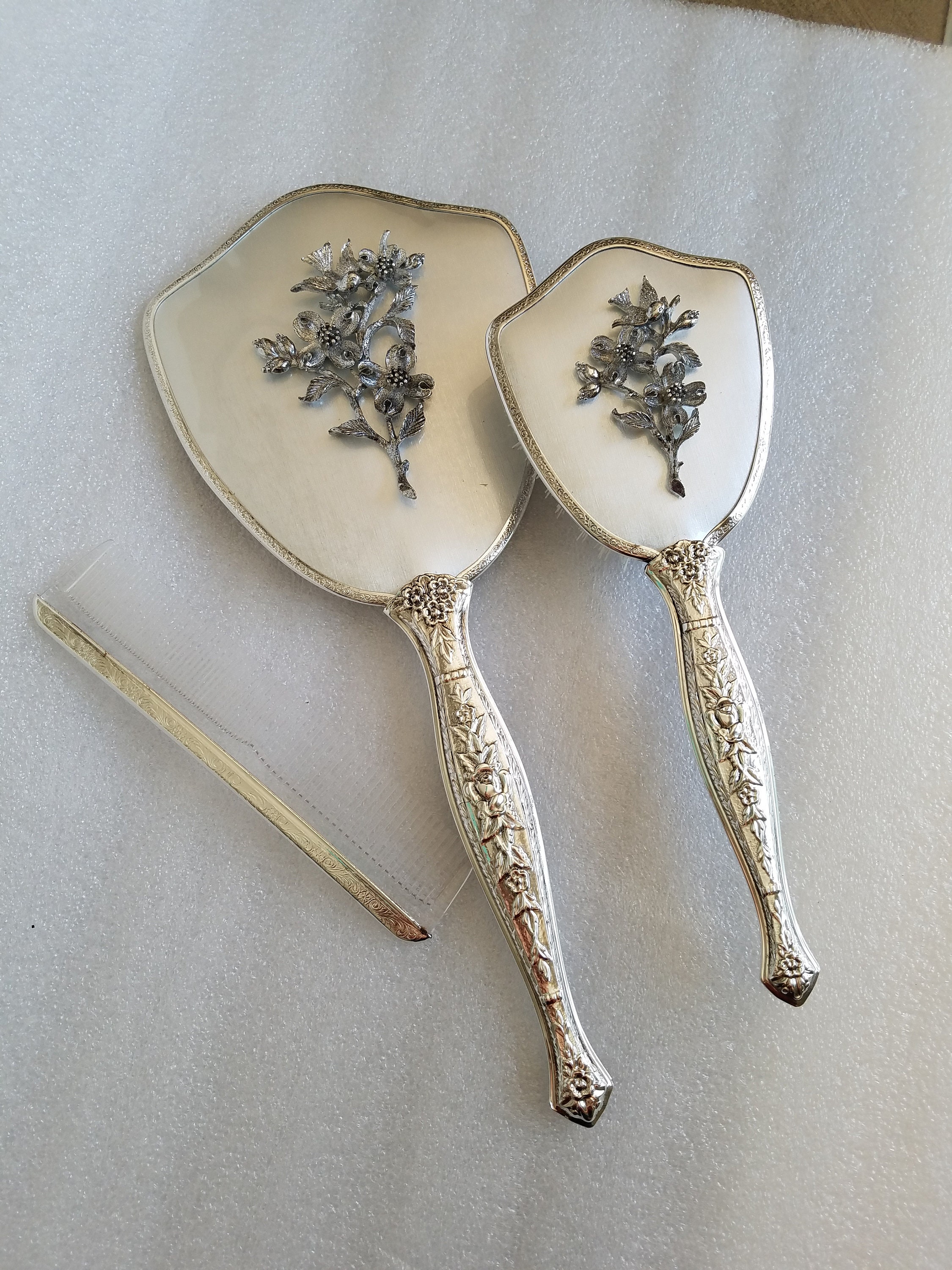 New But Vintage Matson Silver Vanity Set: Dogwood & Bird Hollywood