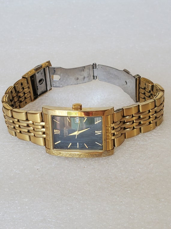 Vintage Men s Gold Tone Citizen Quartz Watch With Date Slot N Rectangular Shaped W black Face New Battery Etsy