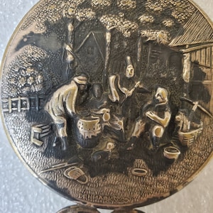 Antique Hans Jensen Purse Mirror: Small Danish Folklore Scene, Beveled Glass