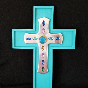Hand Painted Teal Wooden Cross with Silver Metal Accent & Vintage Pasted Stones