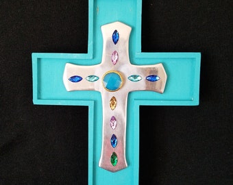 Artisan Handmade Teal & Silver Metal N Wood Cross W/ Pasted Stones Religious Home Wall Decor Gift For Easter