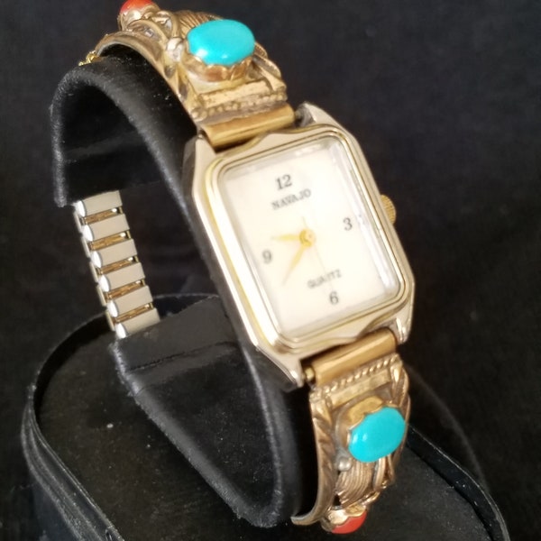 Vintage Ladies Navajo Signed S. Ray Sterling Watch W/ Genuine Orange Coral & Sleeping Beauty Turquoise Southwestern