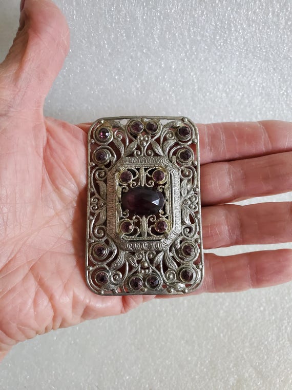 Vintage Silver Tone Rectangular Brooch W/Purple B… - image 5