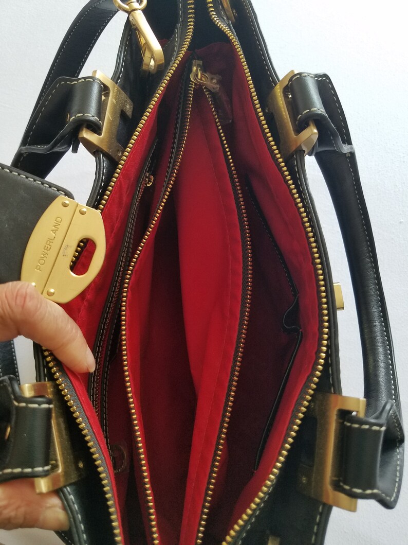 Vtg. Sturdy Genuine Black Embossed Leather Powerland Handbag With Logo PL image 9