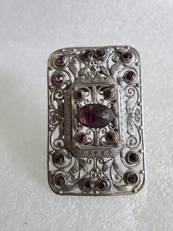 Vintage Silver Tone Rectangular Brooch W/Purple B… - image 9