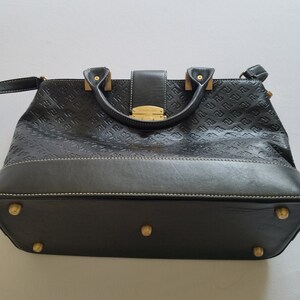 Vtg. Sturdy Genuine Black Embossed Leather Powerland Handbag With Logo PL image 3