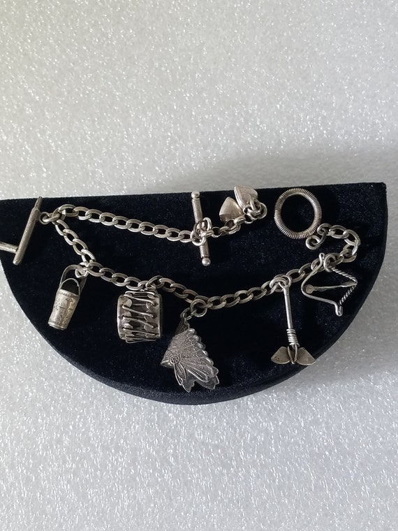 Vintage Sterling Silver Native American Charm Bracelet: New Mexico Drum, Silver 6 Charms