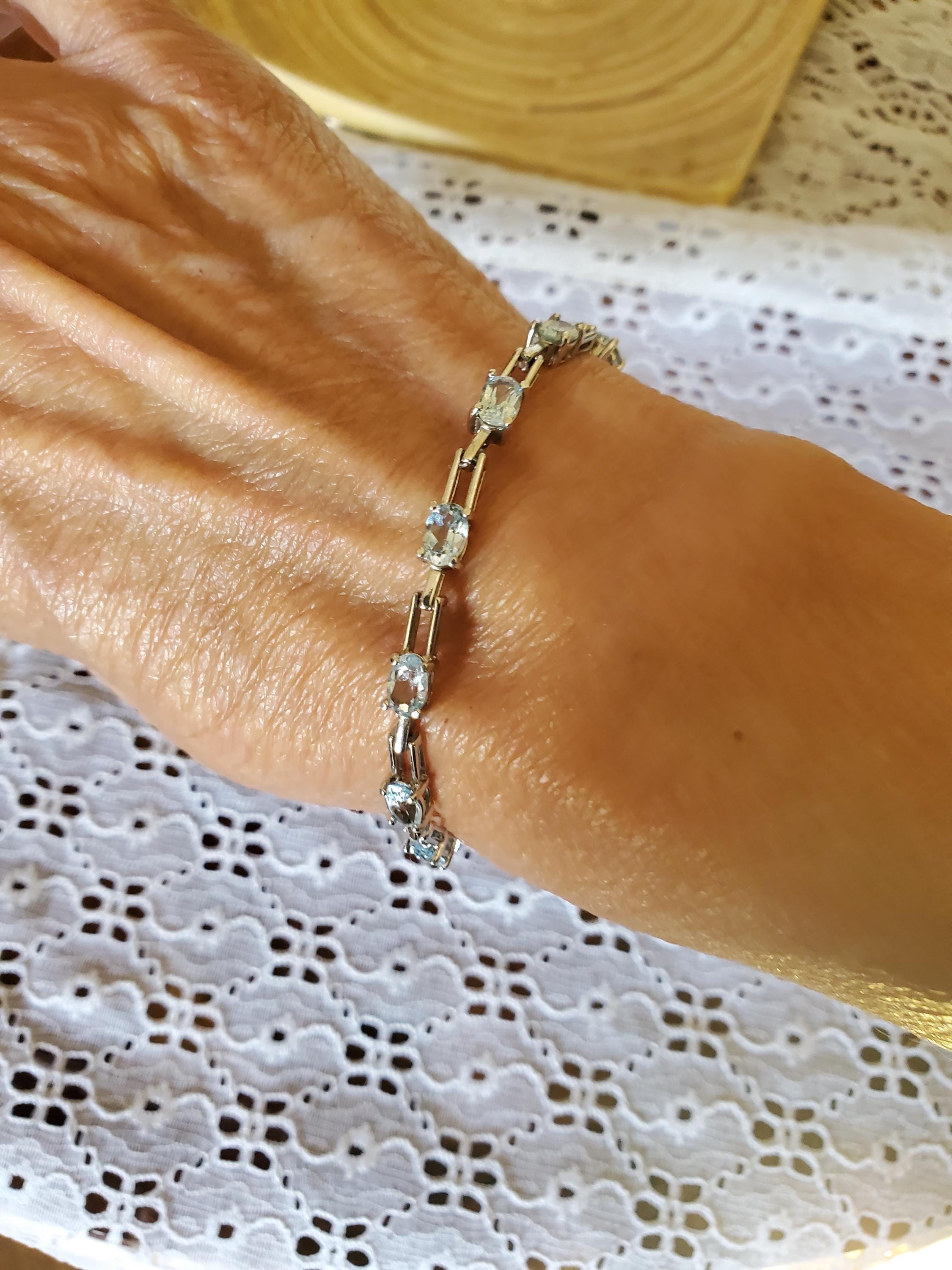 Vintage Ross Simons Sterling Silver Light Blue Topaz Tennis Bracelet W/Rectangular Open Links Nice Gift For Her
