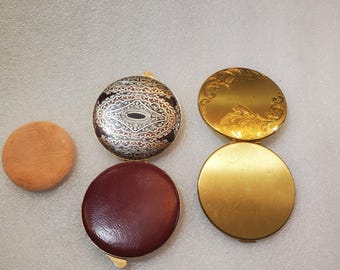 Lot of 2 Compacts: Gold & Red, Elgin Empty, Burgundy Exotic Empty W/Puff
