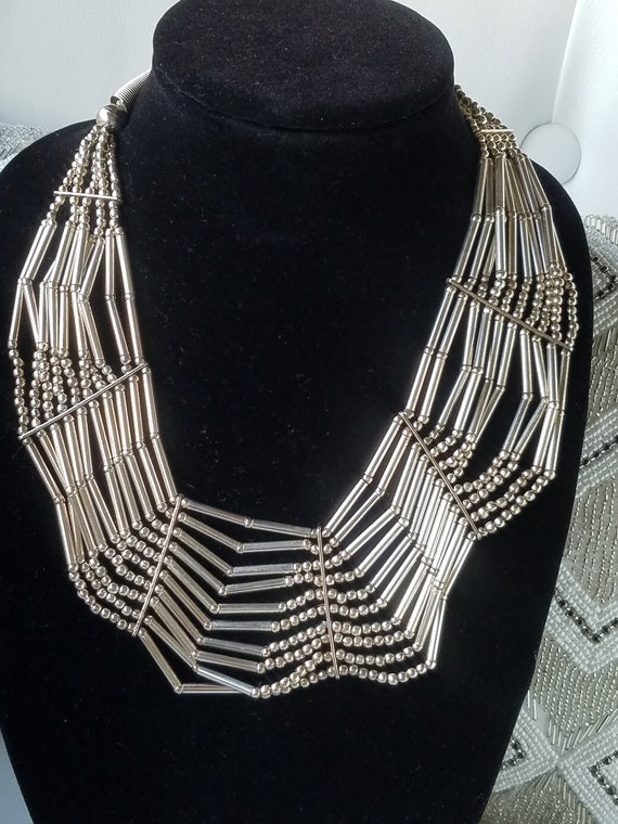 Vintage Silver Tone Tribal Bib Necklace, Tribal Bi