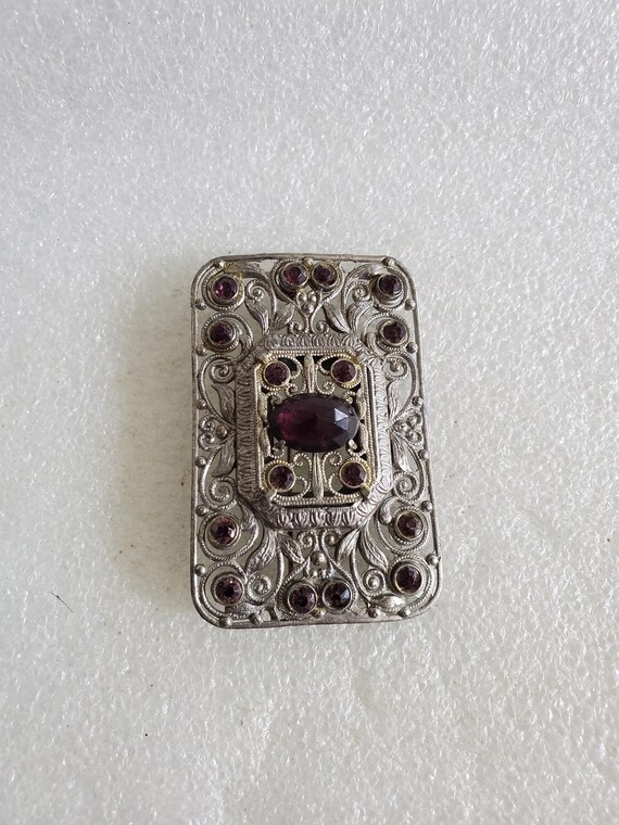 Vintage Silver Tone Rectangular Brooch W/Purple B… - image 4