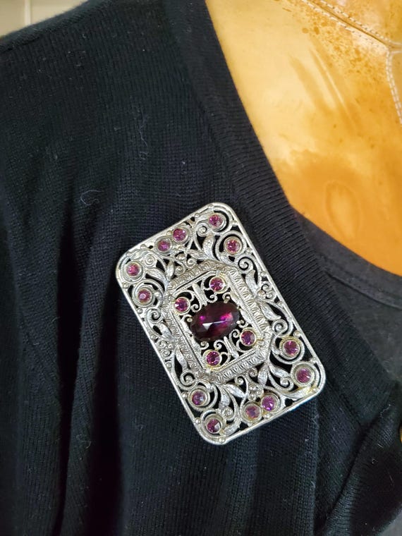 Vintage Silver Tone Rectangular Brooch W/Purple B… - image 14