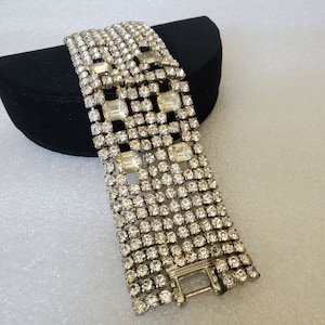 1950s Clear Wide Rhinestone Bridal Cuff Bracelet: Silver Plated Hollywood Glamour