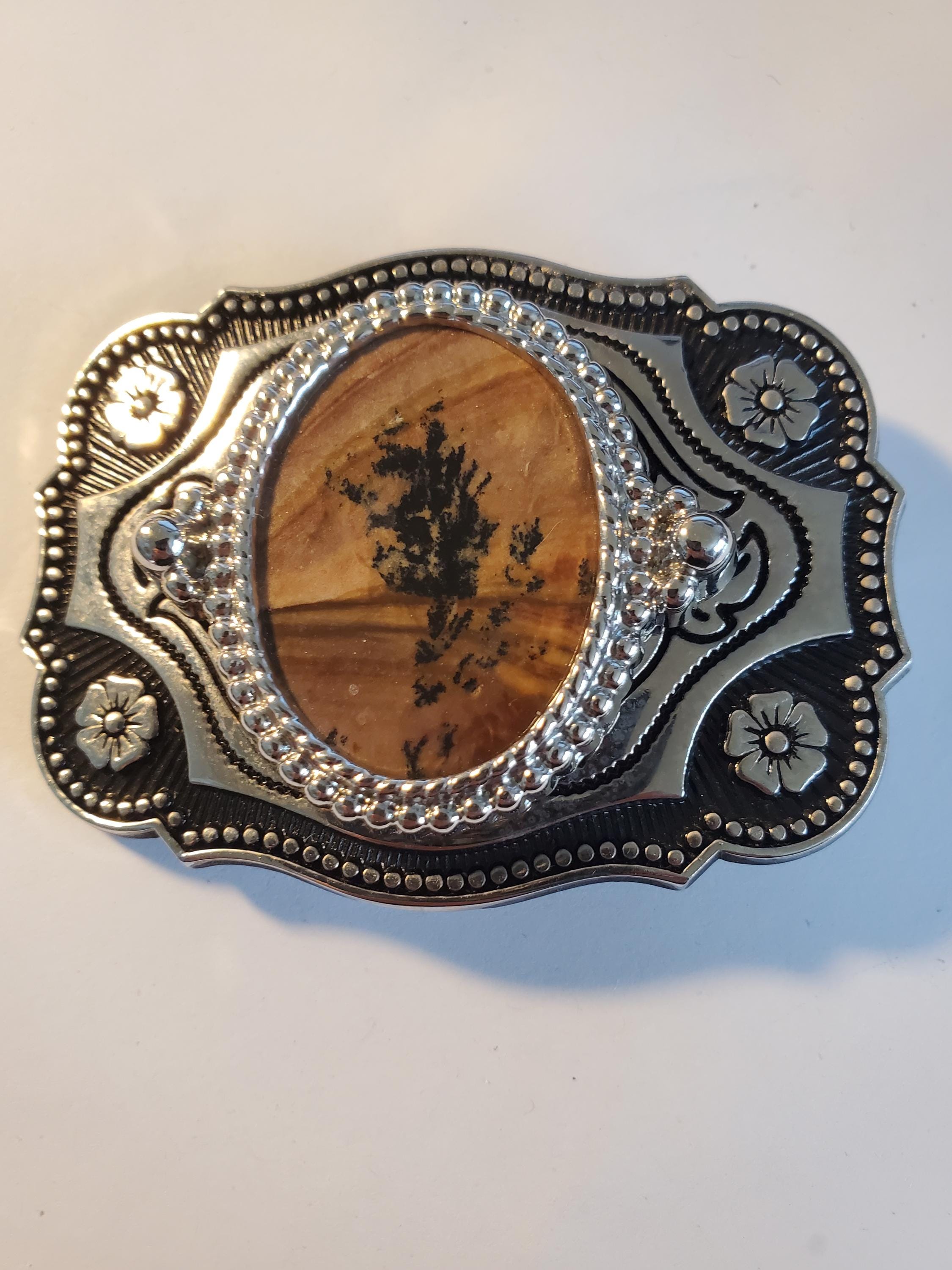 Unisex Embossed Southwestern Picture Jasper Stone Belt 