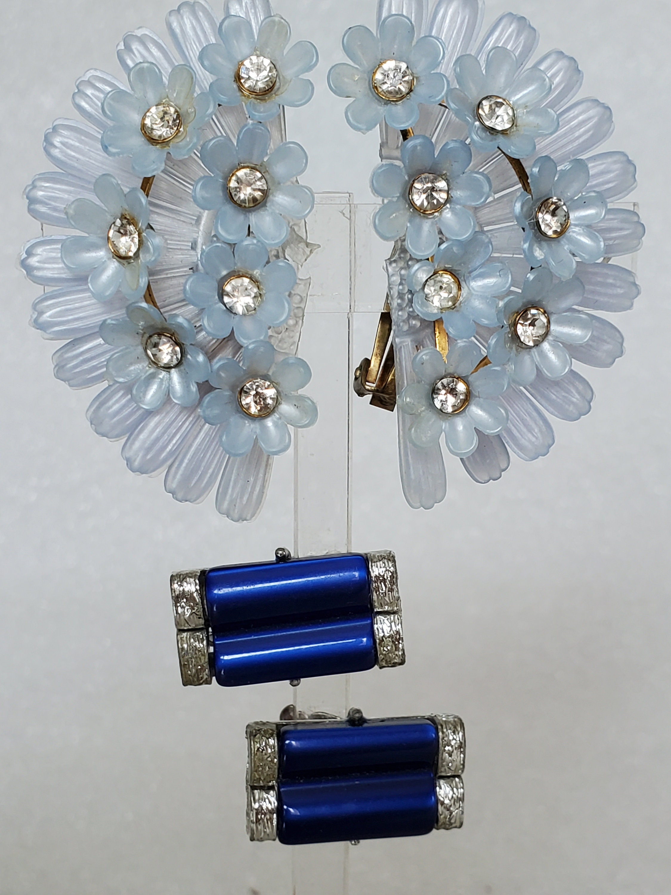 Vintage Coro Moonglow Earrings Blue Silver Tone Clip On 1950s Vintage Coro Blue Moonglow Clip on Earrings: 2 Pairs of  main image 3