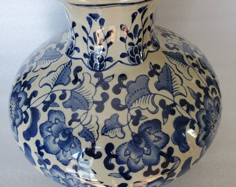 Antique Large #59 Bulbous Vase In Royal Blue & White Beautiful Flower Motif For Home Decor