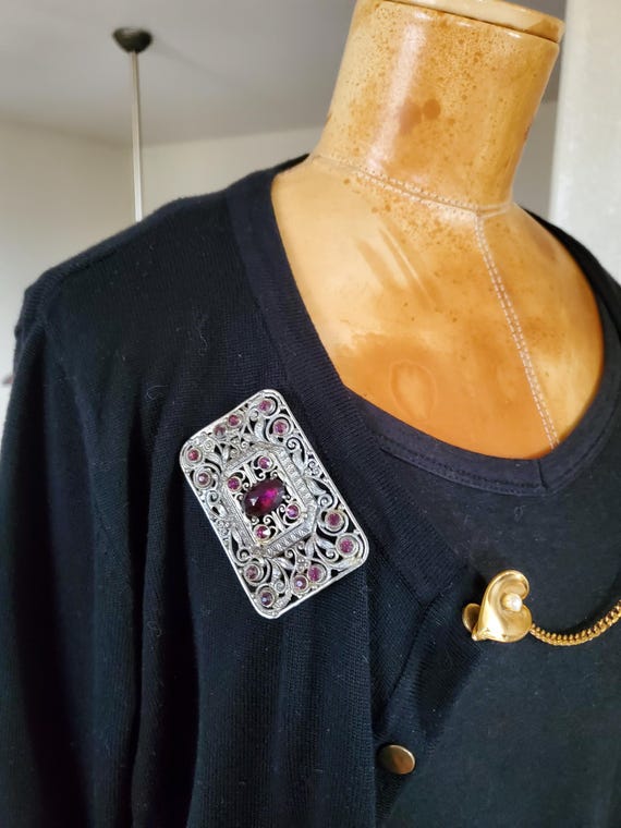 Vintage Silver Tone Rectangular Brooch W/Purple B… - image 10