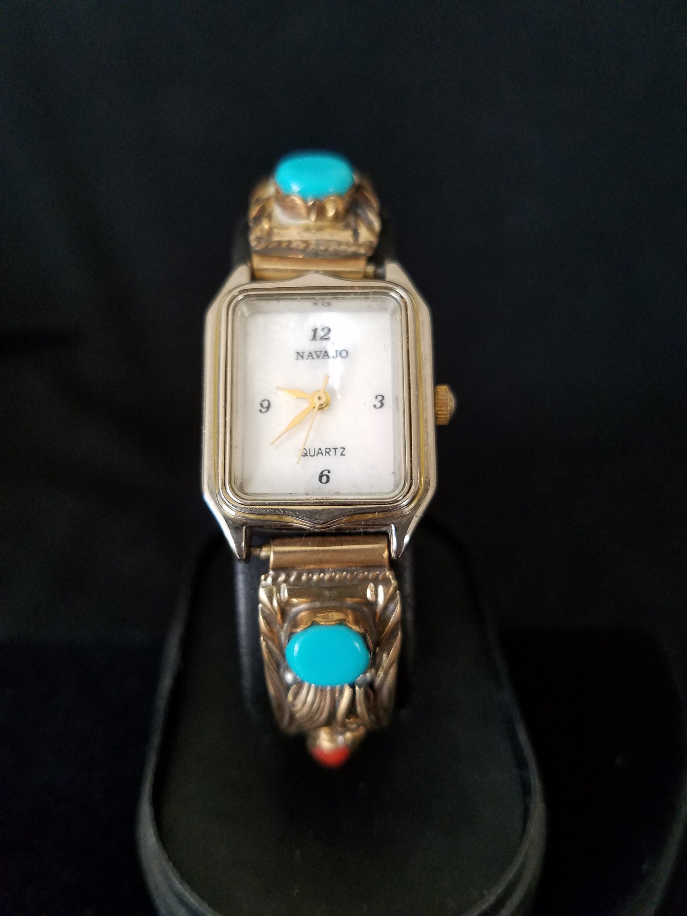 Southwestern Navajo Sterling Silver Watch: Turquoise & Coral 