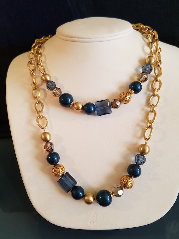 Vintage Blue & Gold Beads and Chain Statement Neck