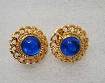 Vintage 1980's Large Chain Gold Tone Frame & Blue Dome Glass Cabochon Clip On's Nice Gift For Mothers Day