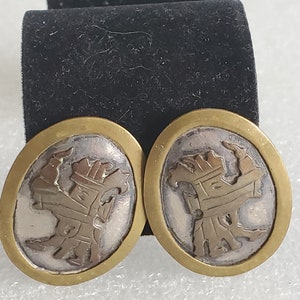 1940&#39;s Signed &quot;JGA Hecho En Mexico&quot; Mixed Metal Aztec Or Mayan Deity Screw back Earrings