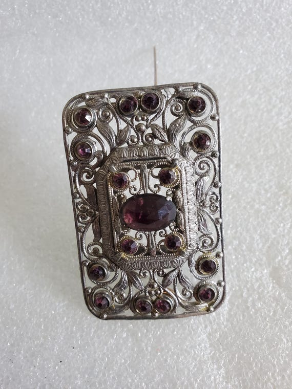Vintage Silver Tone Rectangular Brooch W/Purple B… - image 8